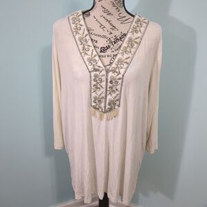 SLINKY BRAND V Neck Beaded Stretch Long Sleeve white Tunic Blouse 2x